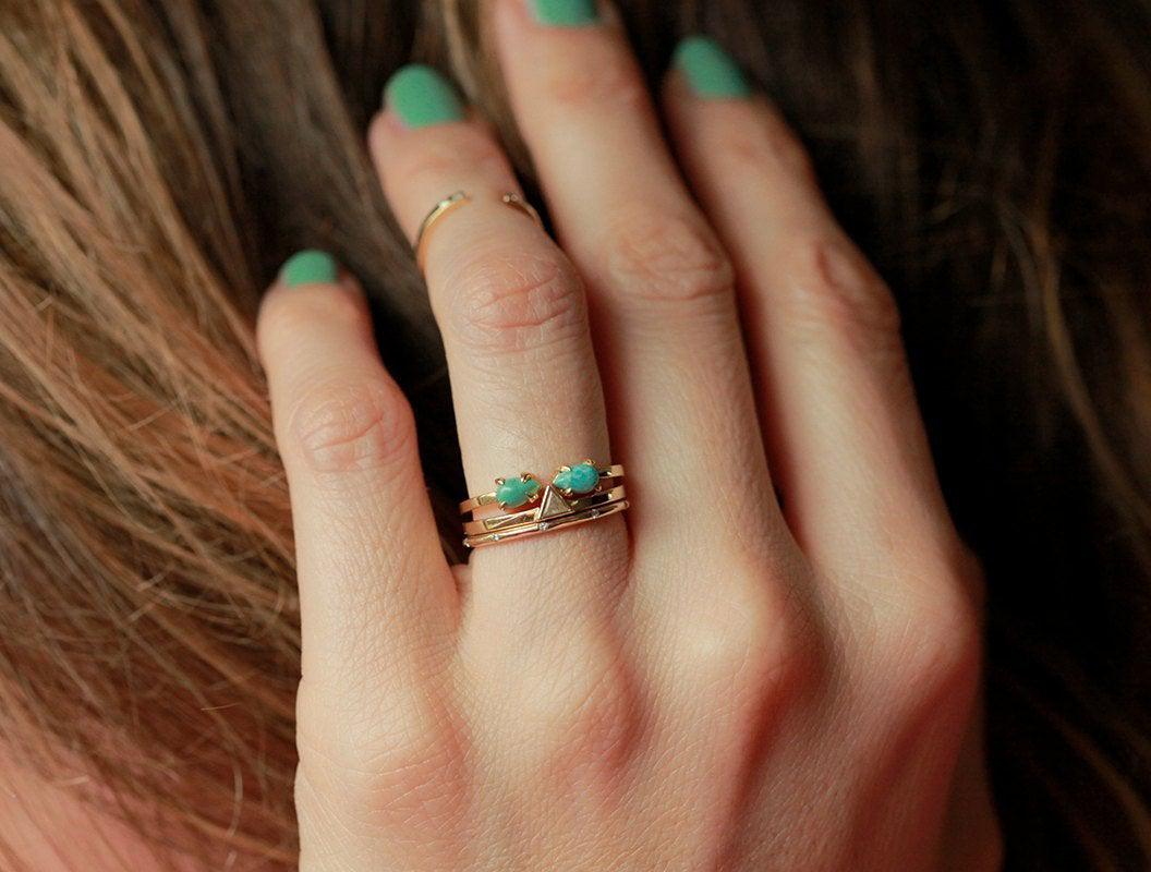 Open Band Pear Turquoise Gold Ring with complementary ring