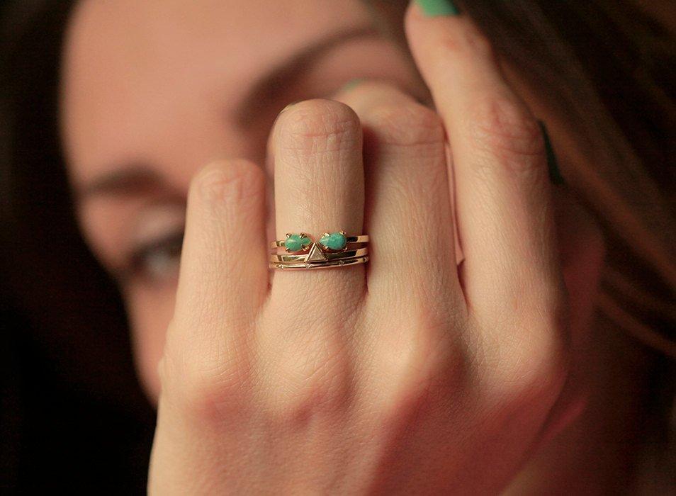 Open Band Pear Turquoise Gold Ring with complementary ring