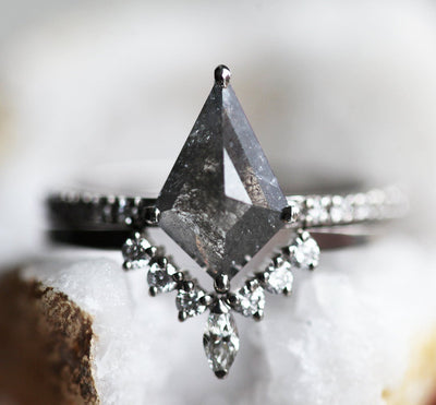 Kite Salt & Pepper Diamond Ring with Side White Diamonds and Diamonds on the Band