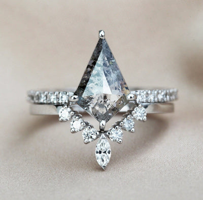 Kite Salt & Pepper Diamond Ring with Side White Diamonds and Diamonds on the Band