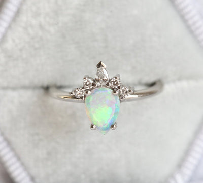 White Pear Opal Ring with Side Round and Pear Diamonds