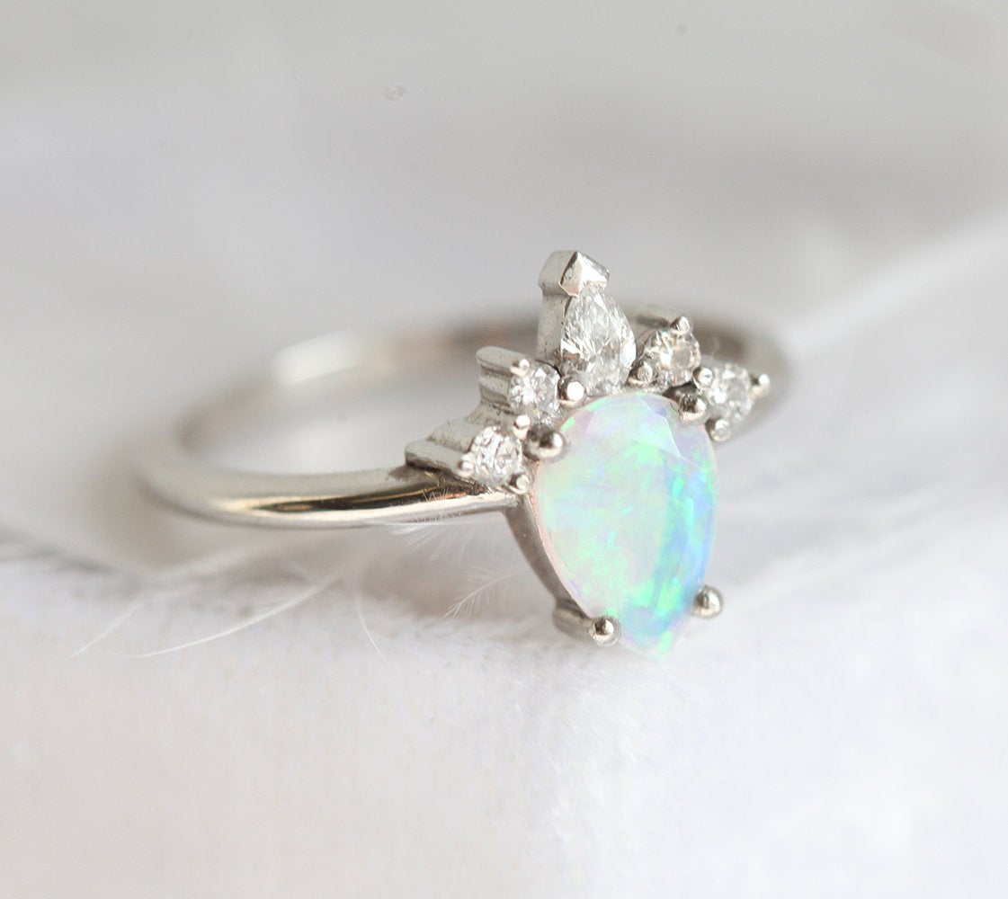 White Pear Opal Ring with Side Round and Pear Diamonds