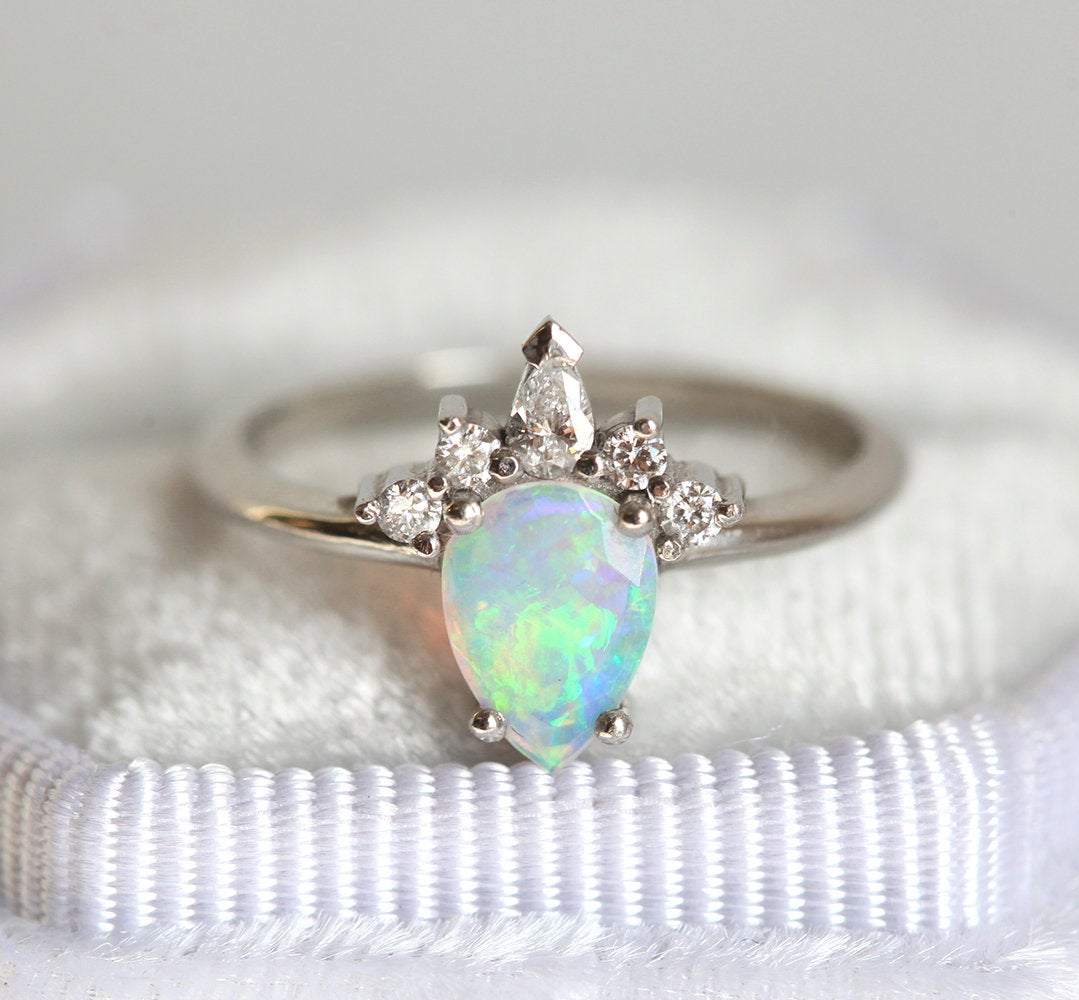 White Pear Opal Ring with Side Round and Pear Diamonds