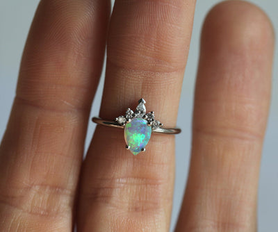 White Pear Opal Ring with Side Round and Pear Diamonds