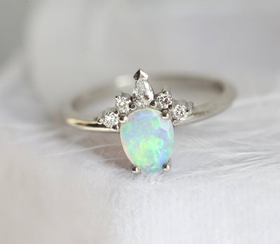 White Pear Opal Ring with Side Round and Pear Diamonds