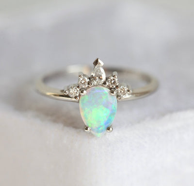 White Pear Opal Ring with Side Round and Pear Diamonds