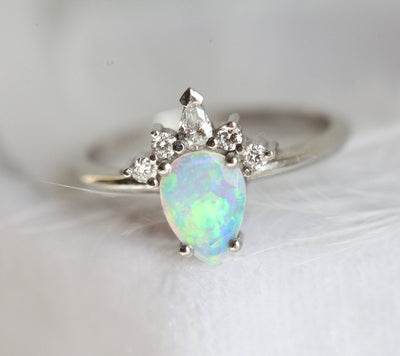 White Pear Opal Ring with Side Round and Pear Diamonds