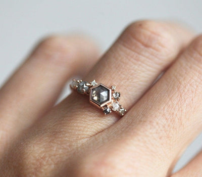 Hexagon Salt & Pepper Diamond Cluster Ring with Side Diamonds