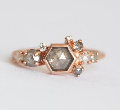 Hexagon Salt & Pepper Diamond Cluster Ring with Side Diamonds