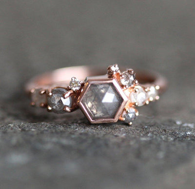 Hexagon Salt & Pepper Diamond Cluster Ring with Side Diamonds
