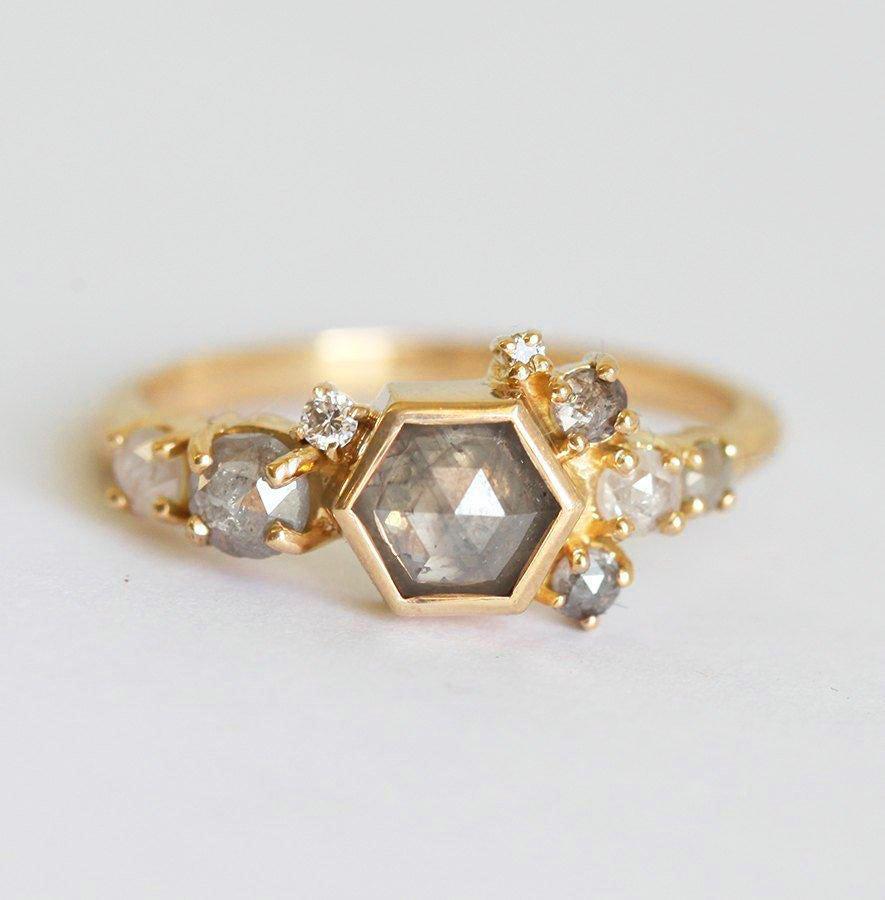 Hexagon Salt & Pepper Diamond Cluster Ring with Side Diamonds