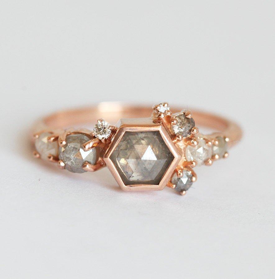 Hexagon Salt & Pepper Diamond Cluster Ring with Side Diamonds
