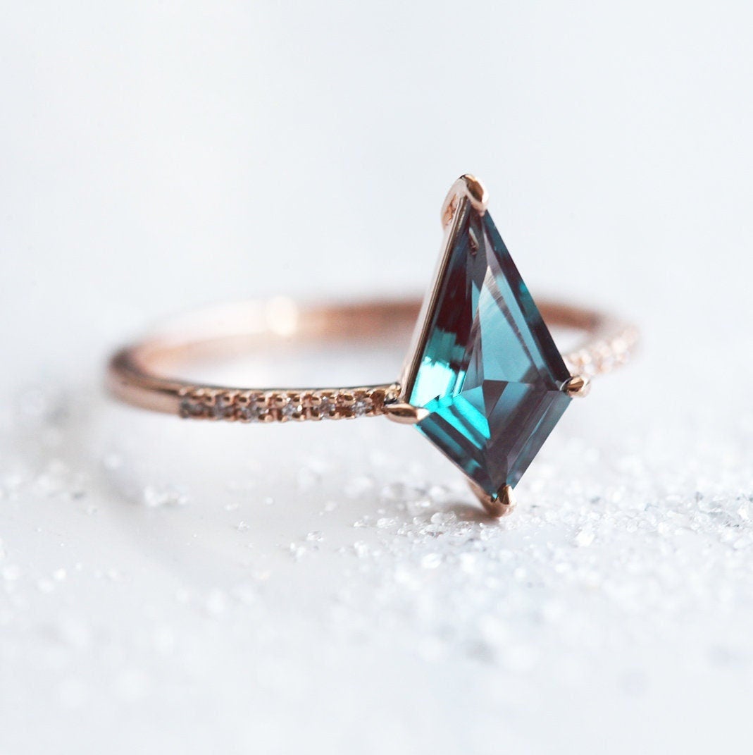 Teal Kite Alexandrite, Rose Gold Engagement Ring with Round White Diamonds Nestled in the Band