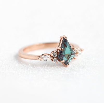 Teal Kite Lab Grown Alexandrite with Side Marquise-Cut and Round White Diamonds