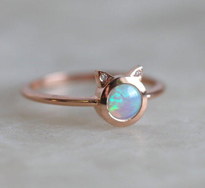 White Round Opal Cat Rose Gold Ring