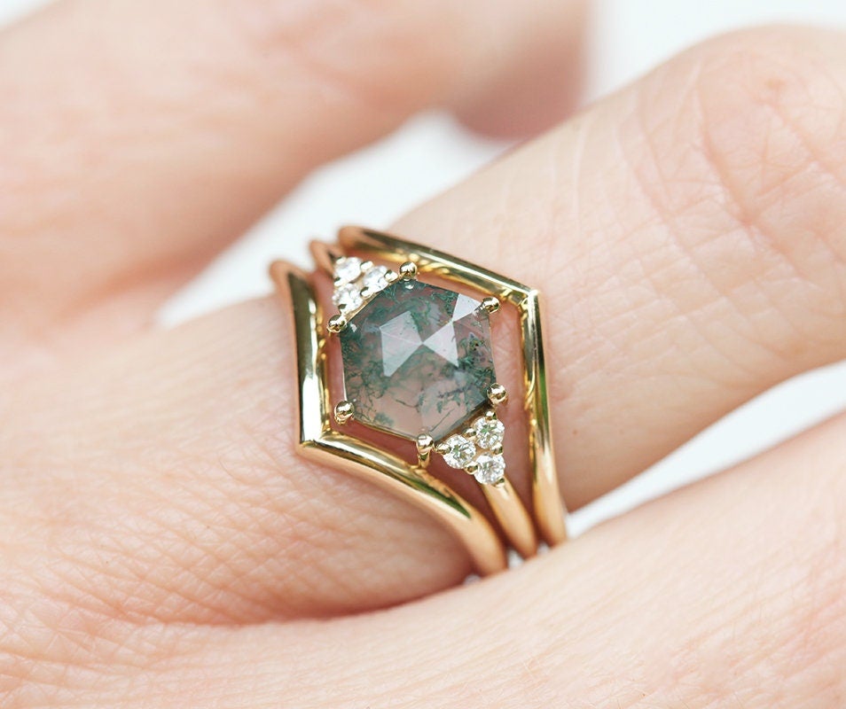 Hexagon Moss Agate Ring Set with Side Round White Diamonds