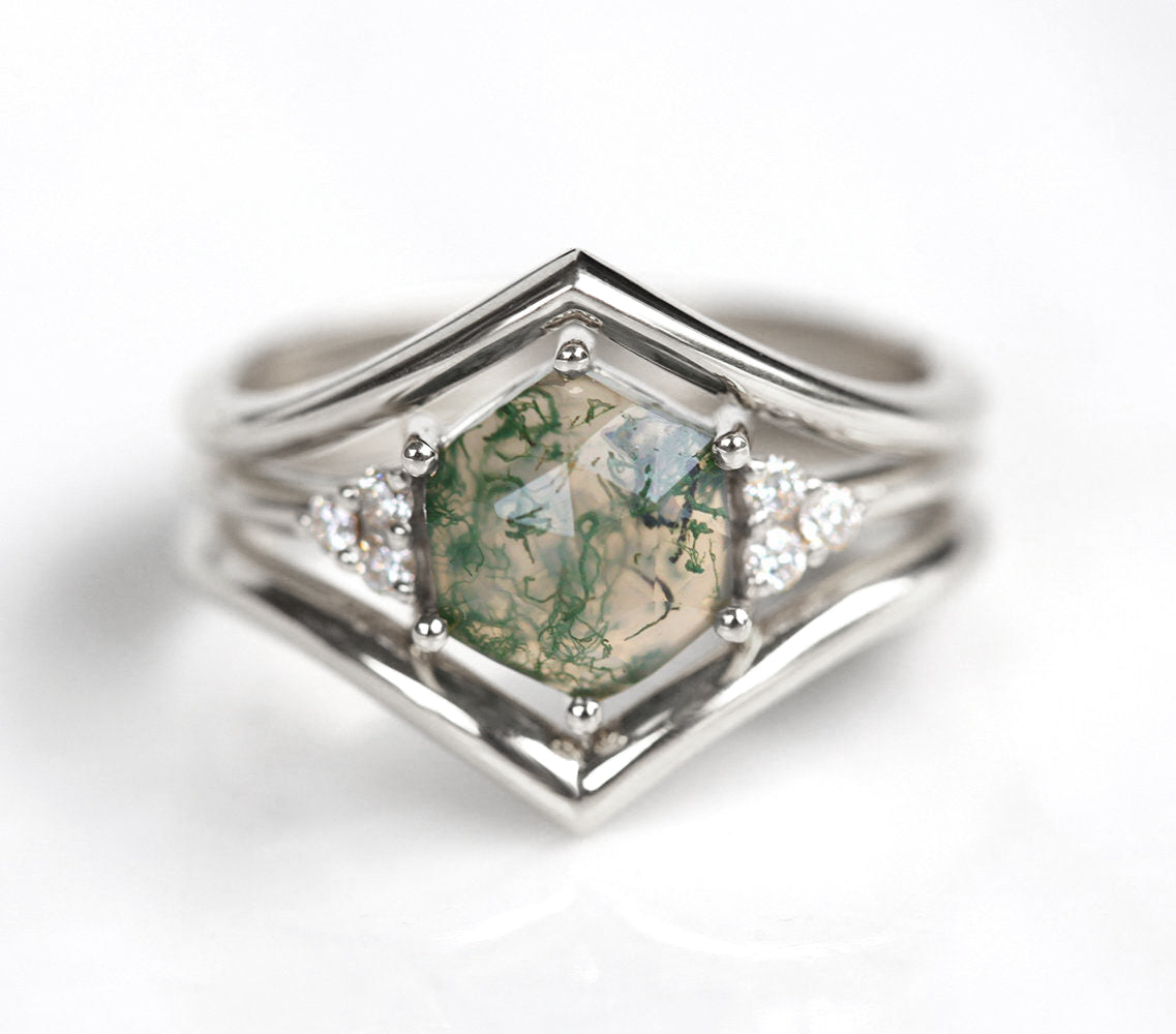 Hexagon Moss Agate, White Gold Ring Set with Side Round White Diamonds