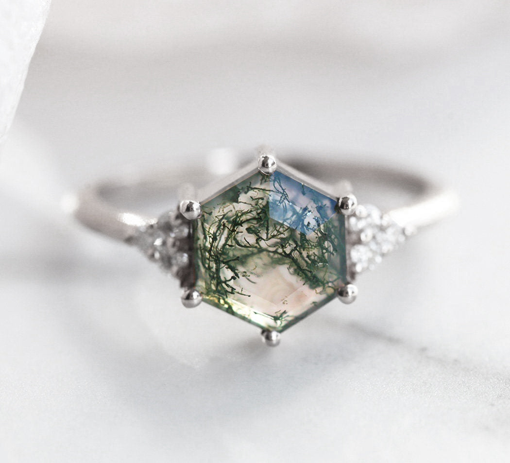 Hexagon Moss Agate, Platinum Ring With Side Round White Diamonds