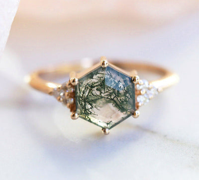 Hexagon Moss Agate, Yellow Gold Ring With Side Round White Diamonds