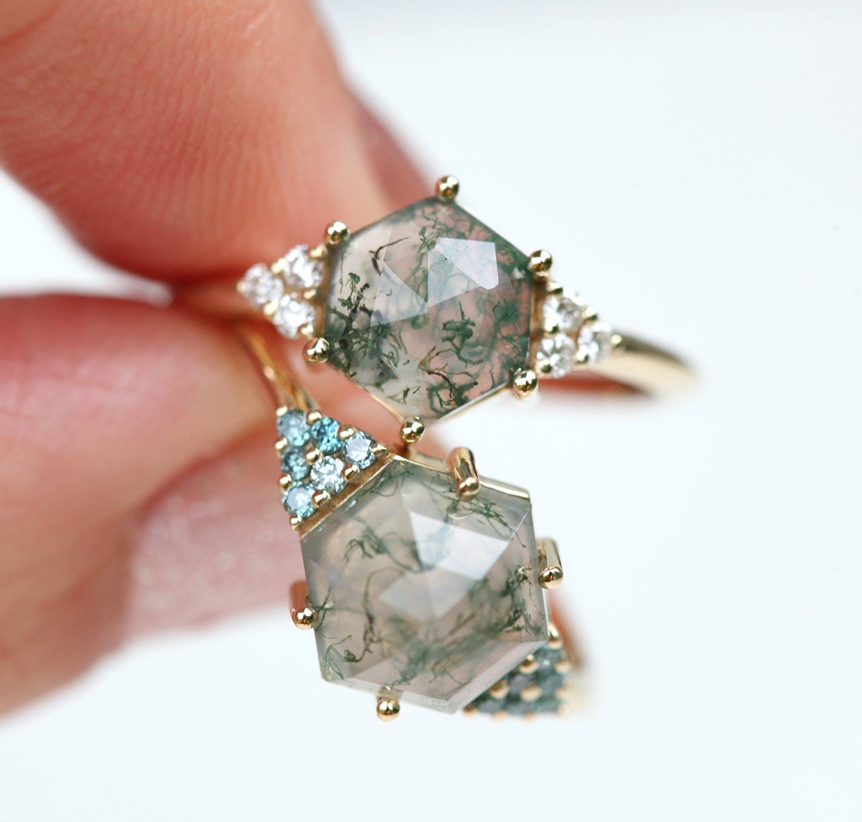 2 Hexagon Moss Agate Ring With Side Round White Diamonds