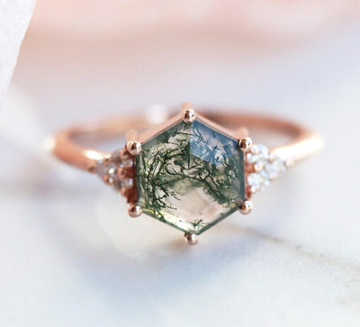 Hexagon Moss Agate, Rose Gold Ring With Side Round White Diamonds