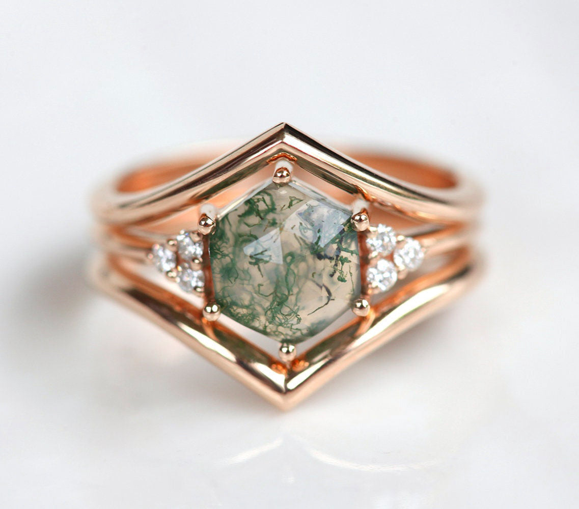 Hexagon Moss Agate Cluster, Rose Gold Ring Set with Side Round White Diamonds