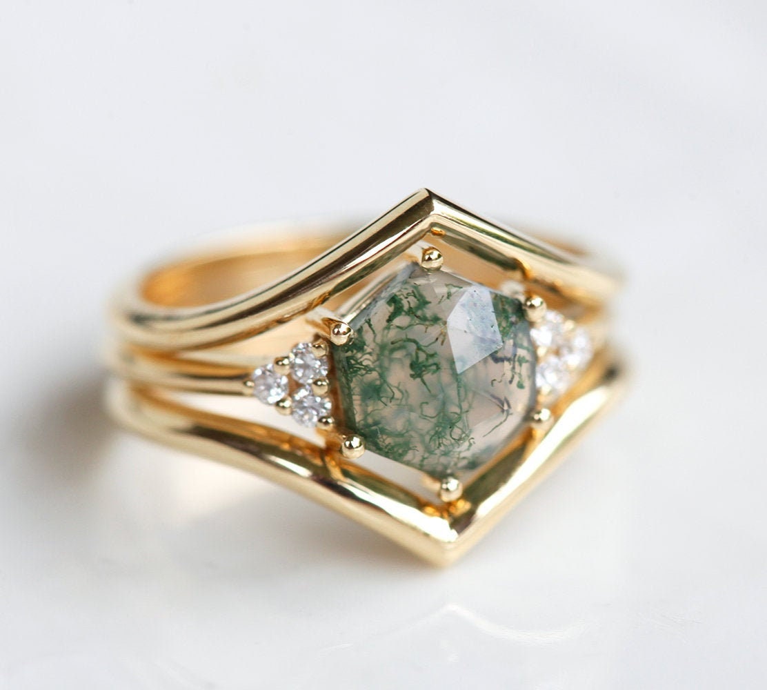 Hexagon Moss Agate, Yellow Gold Ring with Side Round White Diamonds