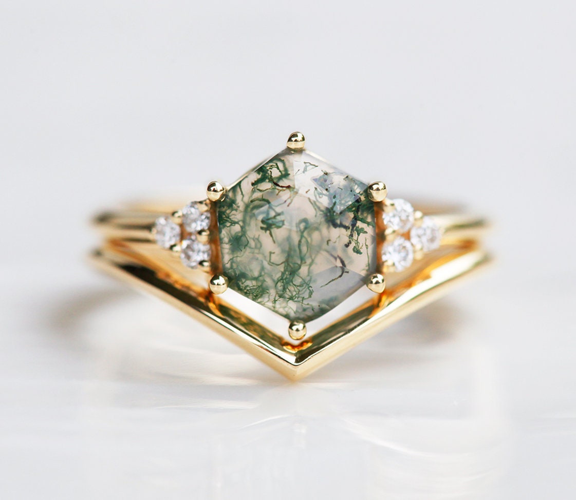 Hexagon Moss Agate Cluster Ring Set with Side Round White Diamonds