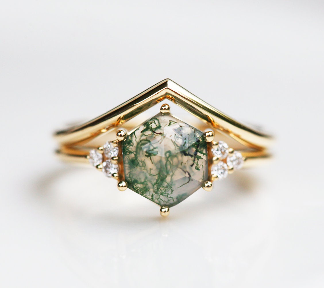 Hexagon Moss Agate Cluster Ring Set with Side Round White Diamonds
