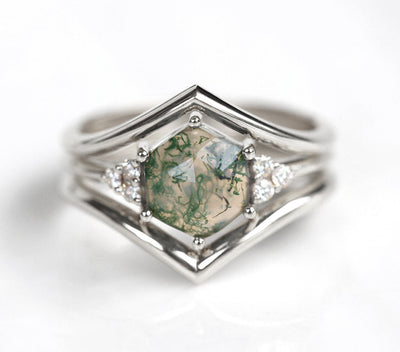 Hexagon Moss Agate Cluster, Platinum Ring Set with Side Round White Diamonds