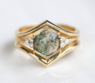 Hexagon Moss Agate, Yellow Gold Ring with Side Round White Diamonds