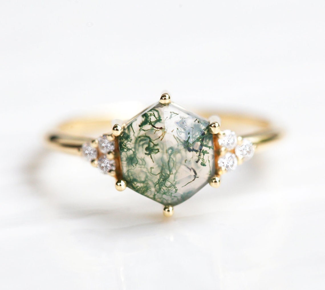 Hexagon Moss Agate Ring With Side Round White Diamonds