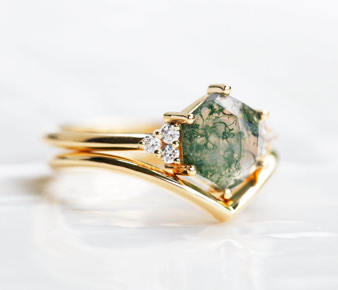 Hexagon Moss Agate Ring With Side Round White Diamonds