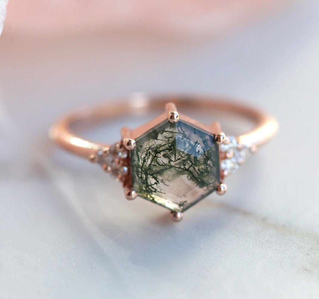 Hexagon Moss Agate Ring With Side Round White Diamonds