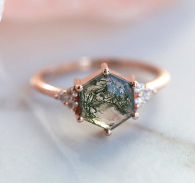 Hexagon Moss Agate Ring With Side Round White Diamonds