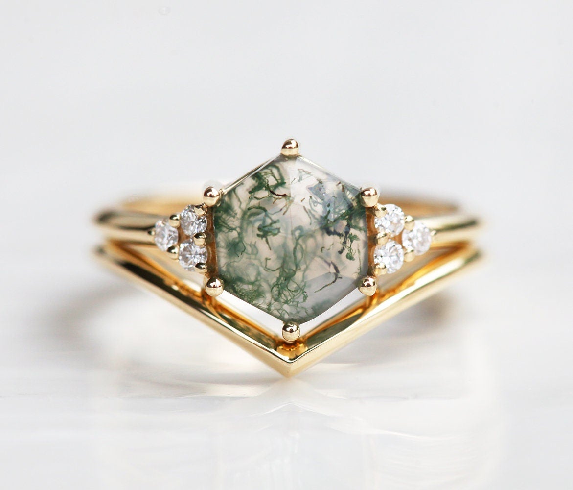 Hexagon Moss Agate Ring With Side Round White Diamonds