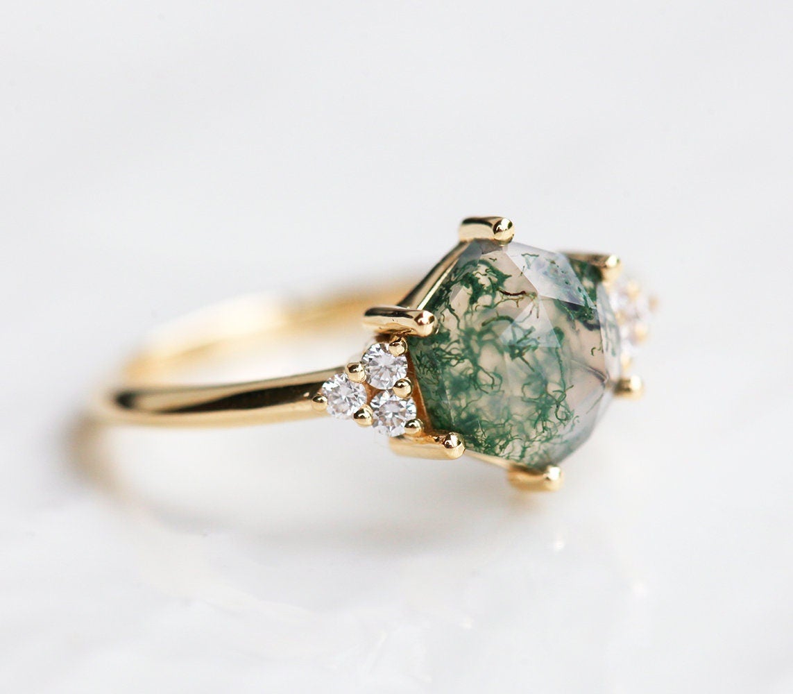 Hexagon Moss Agate Ring With Side Round White Diamonds