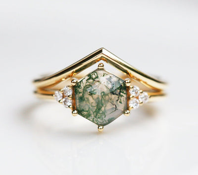 Hexagon Moss Agate Ring With Side Round White Diamonds