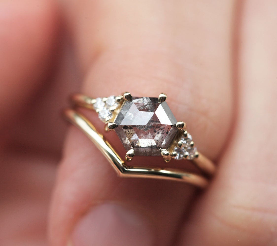 Hexagon Salt & Pepper Diamond, Yellow Gold Ring Set with Side Round White Diamonds