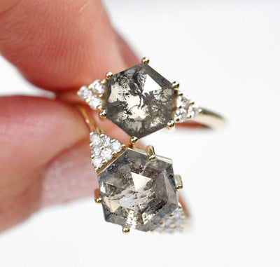 2 Hexagon Salt & Pepper Diamonds, Yellow Gold Ring Sets with Side Round White Diamonds