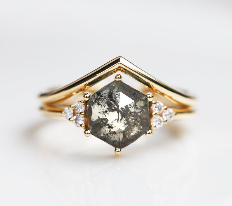 Hexagon Salt & Pepper Diamond, Yellow Gold Ring Set with Side Round White Diamonds
