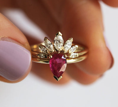 Pear Ruby Solitaire Ring Engagement Ring Set Paired with Marquise Cut White Diamond Crown Ring