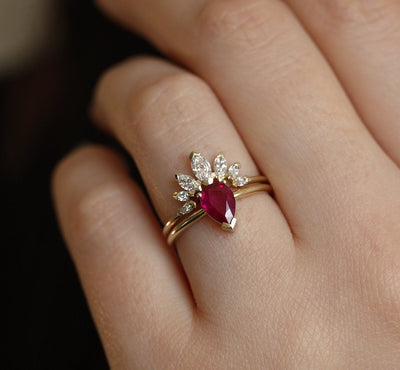 Pear Ruby Solitaire Ring Engagement Ring Set Paired with Marquise Cut White Diamond Crown Ring