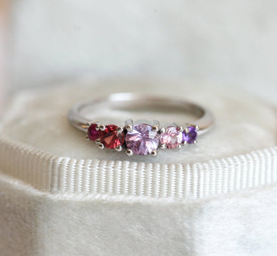 Purple round sapphire cluster ring with amethyst, rhodolite garnet and ruby stones