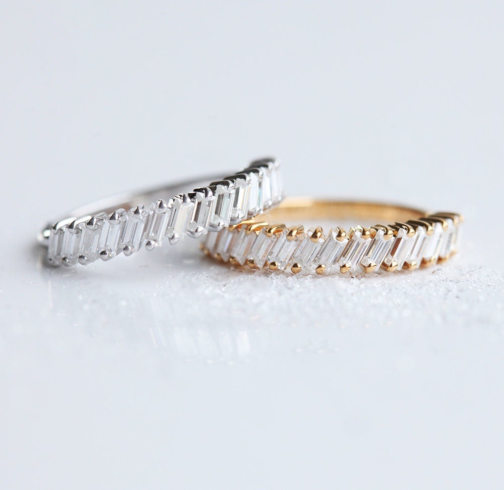 Simple Baguette White Diamond Eternity Ring with the diamonds diagonally orientated like dominoes
