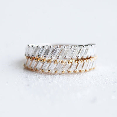 Simple Baguette White Diamond Eternity Ring with the diamonds diagonally orientated like dominoes