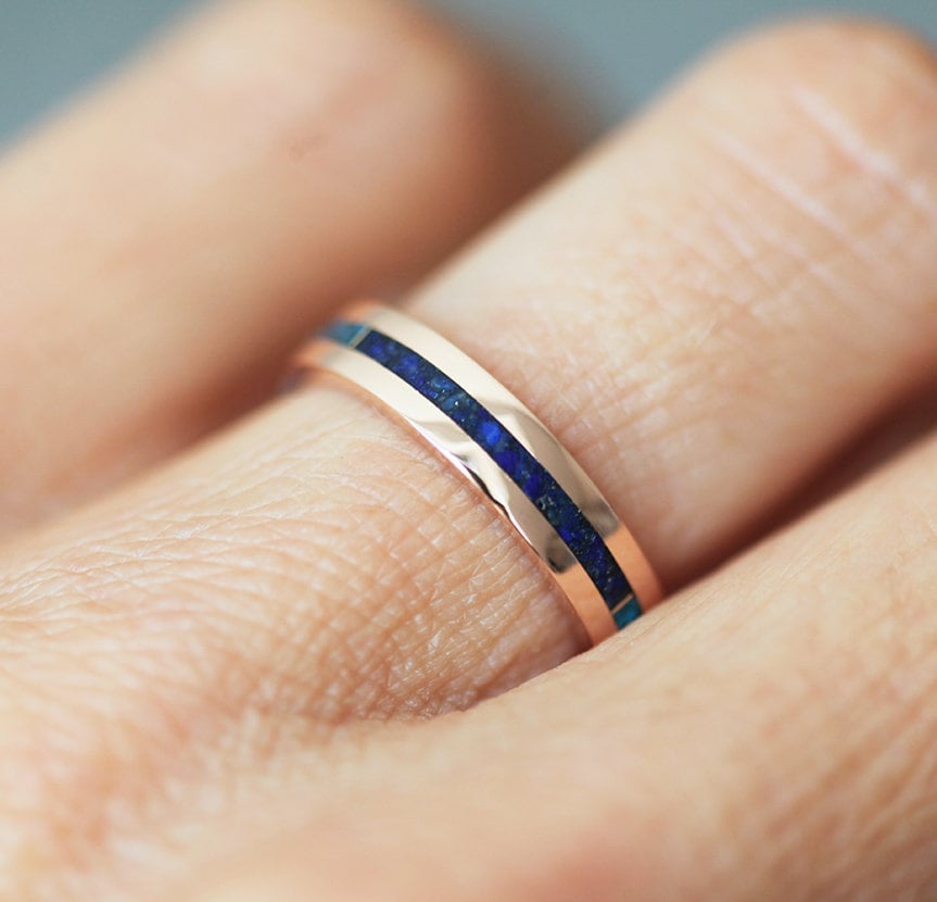 Lapis Lazuli and Turquoise Inlay Gold Wedding Band For Men