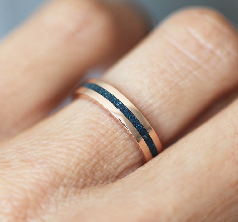 Lapis Lazuli and Turquoise Inlay Gold Wedding Band For Men