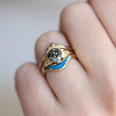 Round Salt & Pepper Diamond Ring Set with Mountain Upper Band and Lapis Lazuli Stone Lower Band