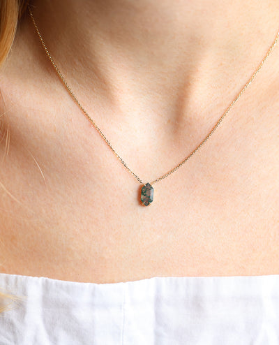 Gold chain necklace with hexagon-cut green moss agate stone